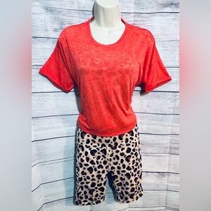 Ellie Natural Edgy Leopard Lucinda Sports Bra, Leena Shorts & Coral Tie Crop Top